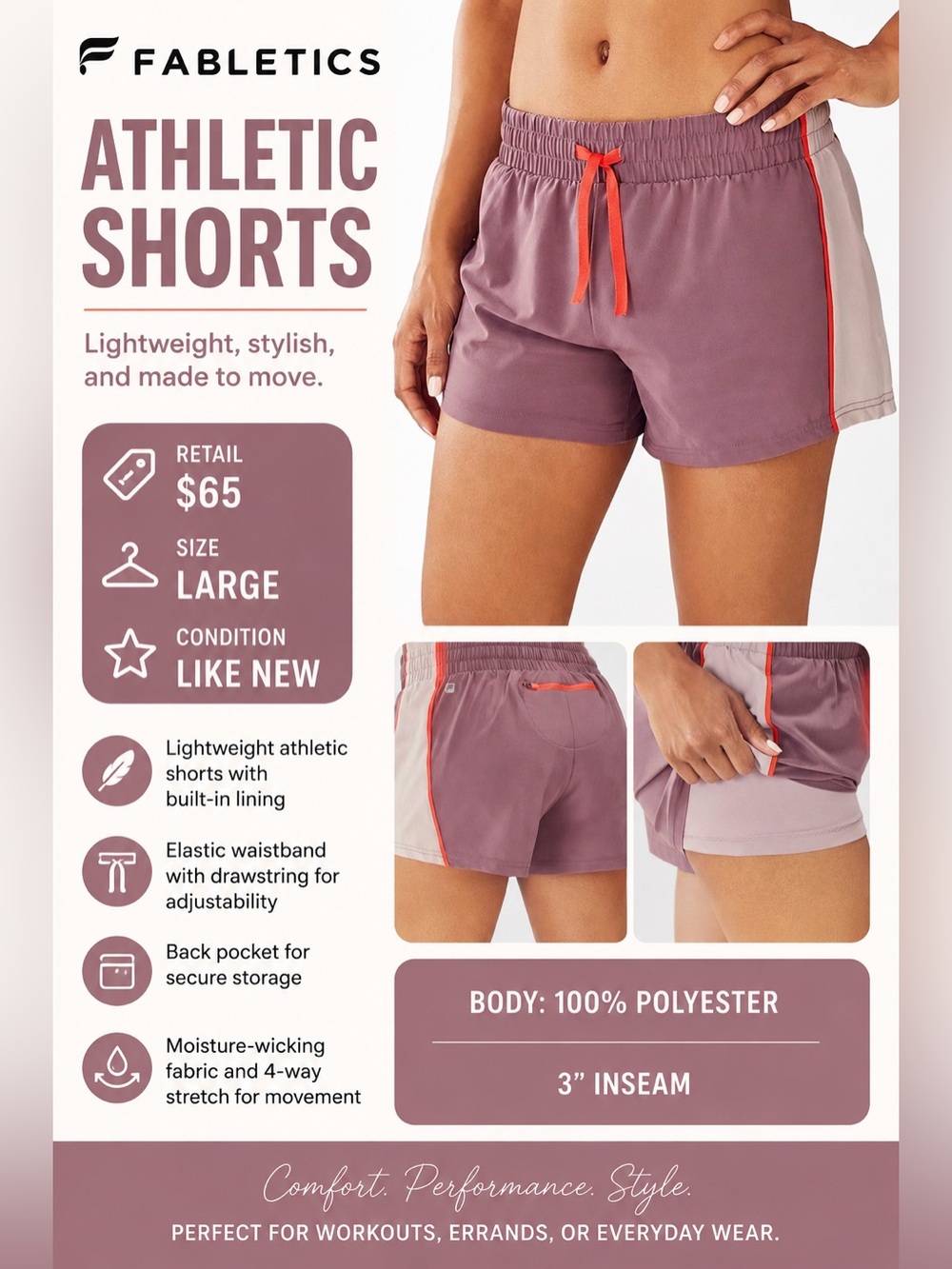 LIKE NEW Fabletics Purple Athletic Shorts with built in lining size large